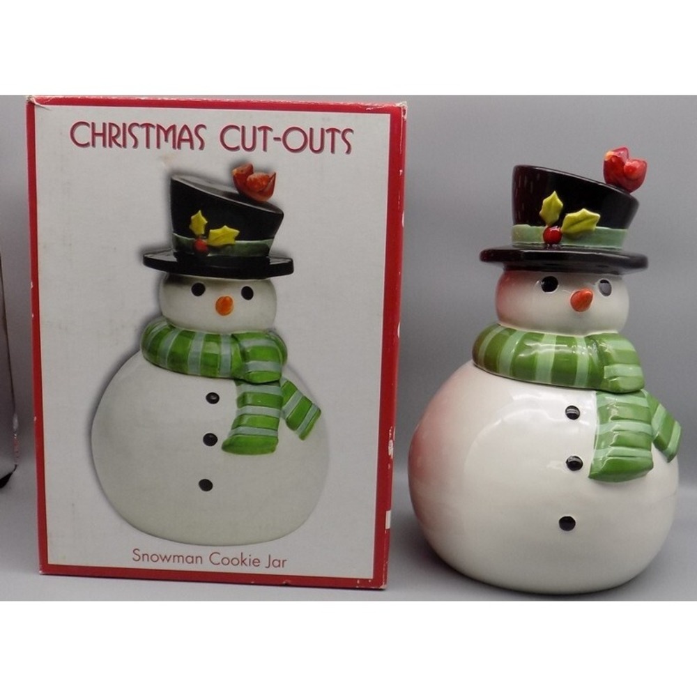 New Sue Zulauf Snowman Cookie Jar Oneida Christmas Cut-Outs in Box Design